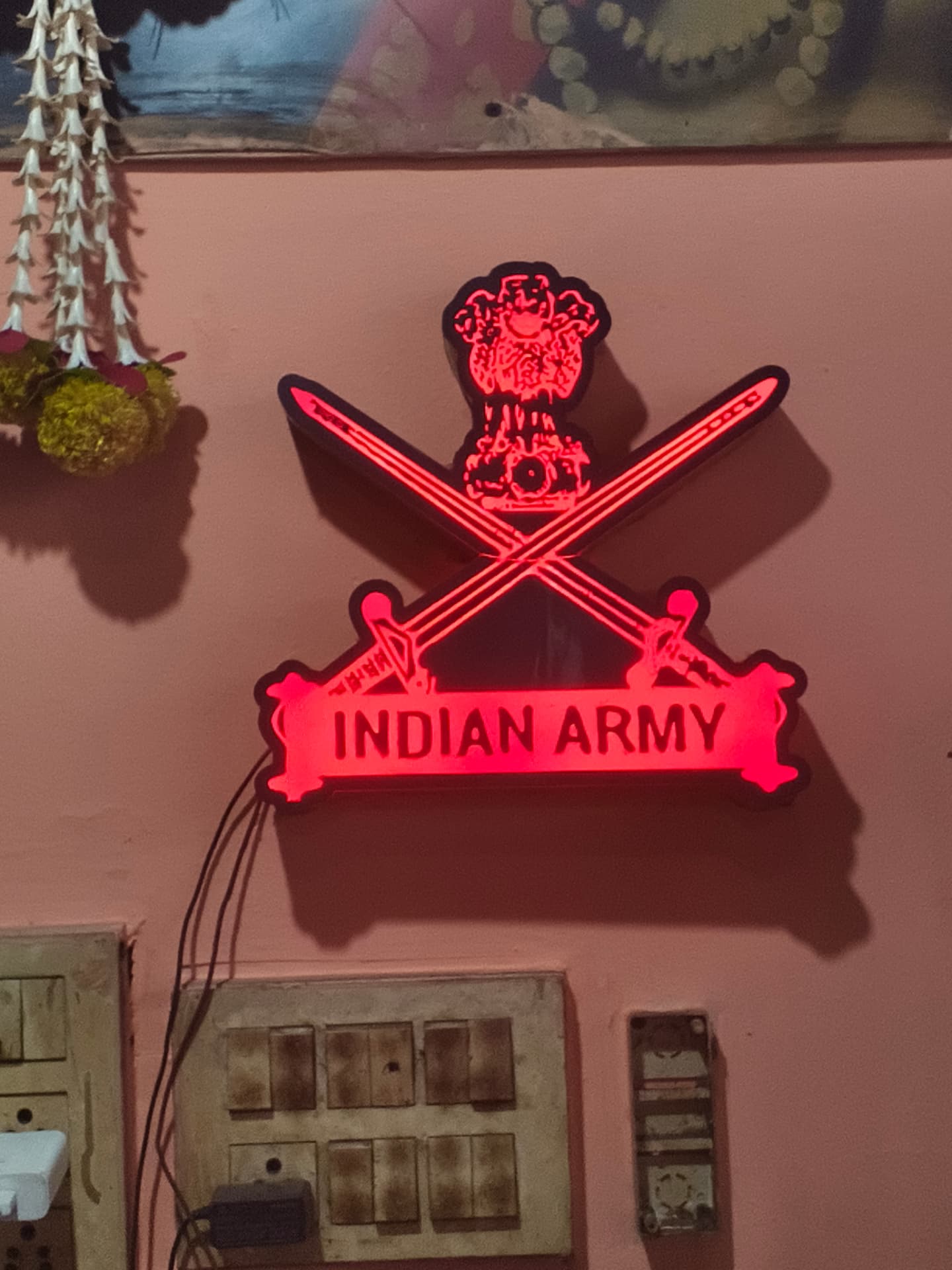 Indian Army illuminated wall decoration inside the restaurant